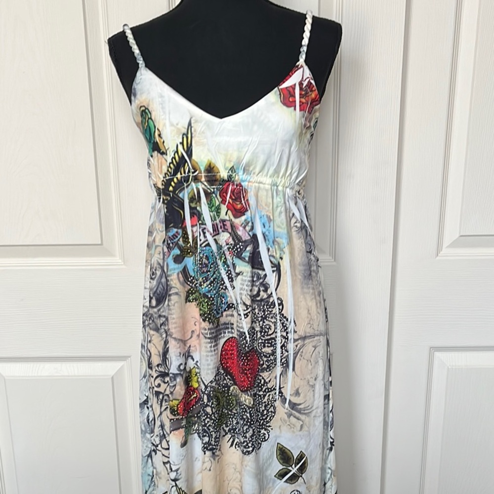 Graphic Spaghetti Strap Dress with Heart Design